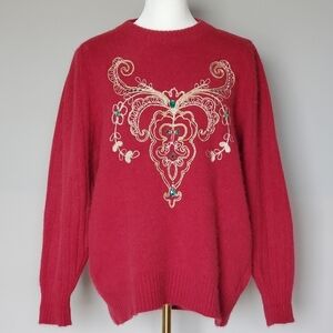 Vintage Kenji RN# 75343 Reindeer Holiday Sequin Embroidered Angora Wool Sweater